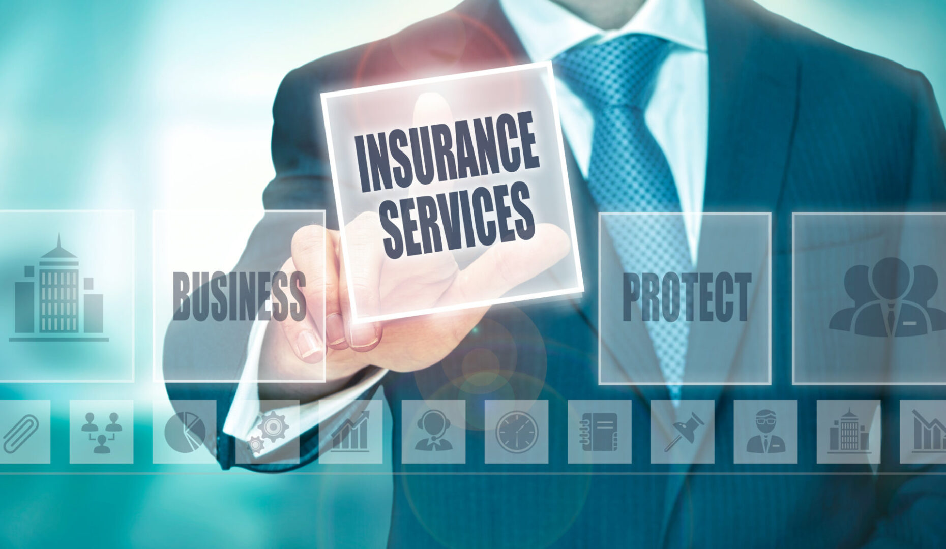 A businessman pressing an Insurance Services button on a transparent screen.