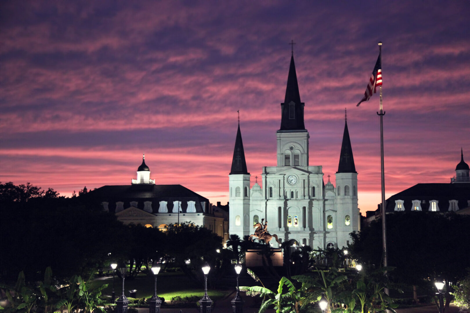 St. Louis Cathedral at Jackson Square at night. New Orleans, Louisiana, USA